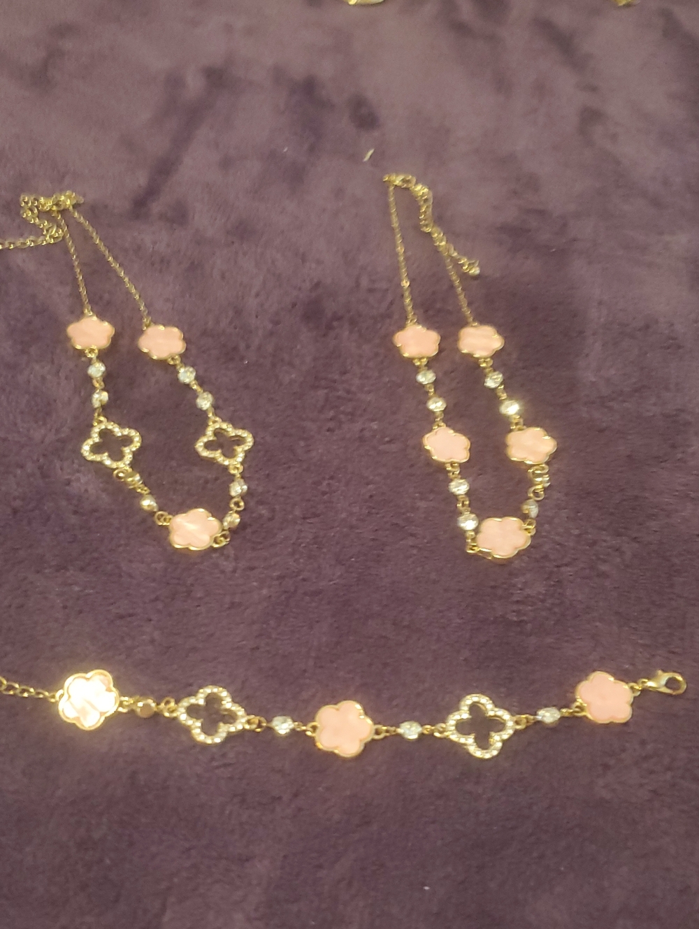 Gold-Tone Pink Flower Link Bracelet and Necklace Set